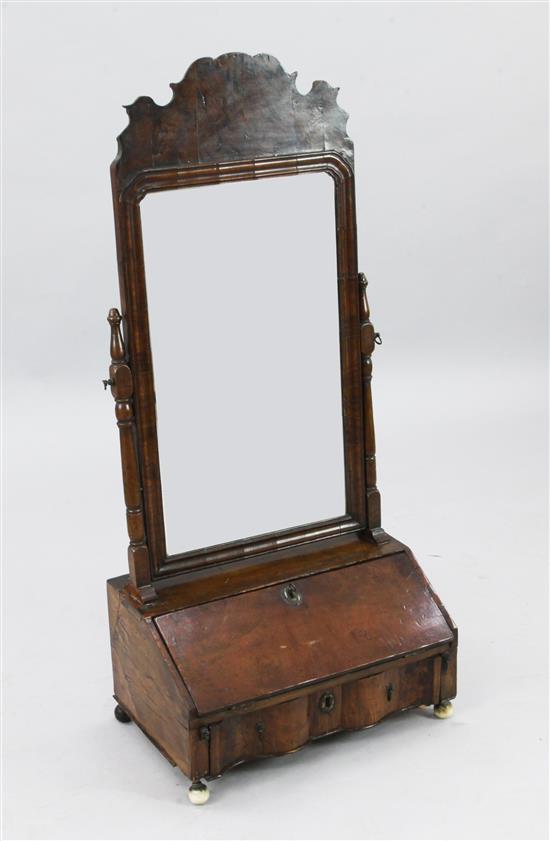 An early 18th century walnut toilet mirror, W.1ft 6.5in. H.3ft 4in.